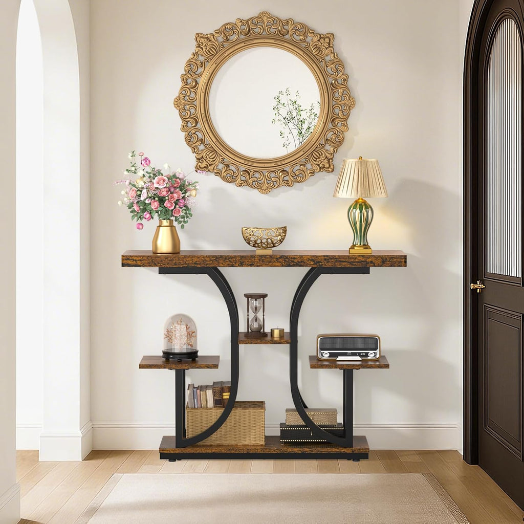 ikkle 42.5" Console Table, Industrial 4-Tier Sofa Table Entryway Table with Curved Base, Narrow Wood Accent Tables with Storage Shelves for Living Room, Hallway, Foyer, Rustic Brown