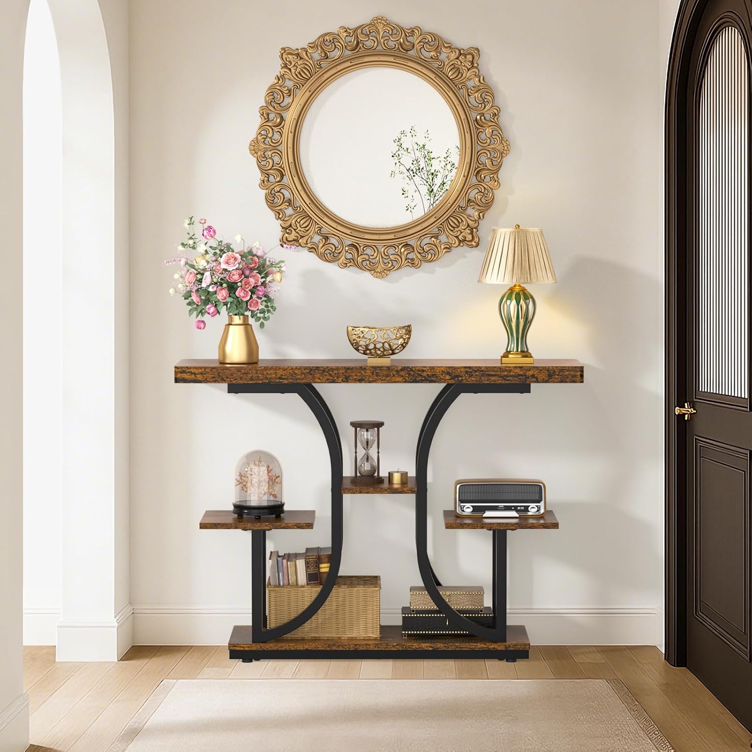 ikkle 42.5" Console Table, Industrial 4-Tier Sofa Table Entryway Table with Curved Base, Narrow Wood Accent Tables with Storage Shelves for Living Room, Hallway, Foyer, Rustic Brown
