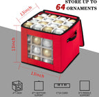 JY COOKMENT Christmas Ornament Storage Box with Adjustable Dividers, Premium Holiday Ornaments Storage Container Bin with Zippered Top for Xmas Decorations (64-3" Balls, Red, Without Tray)