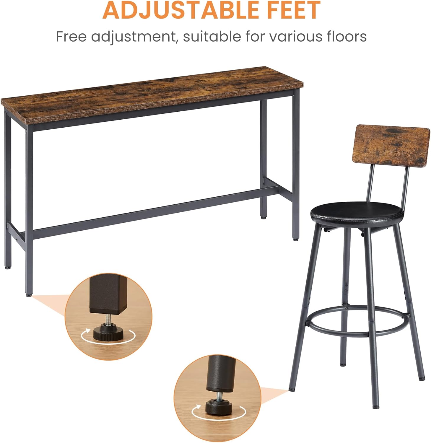 Elevon Long Bar Table Set with 3 PU Upholstered Bar Stools, Dining Table and Chair Sets, Industrial Tall Coffee Table and Back Chair for Kitchen, Living Room, Party Room, Small Space, Pub, Brown