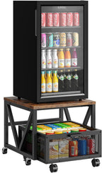 HOOBRO Mini Fridge Stand with Movable Storage Basket and Wheels, Mini Fridge Cabinet with Wheels, Sturdy Metal Frame, for Home, Office, Dorm, Rustic Brown and Black BF255TL01