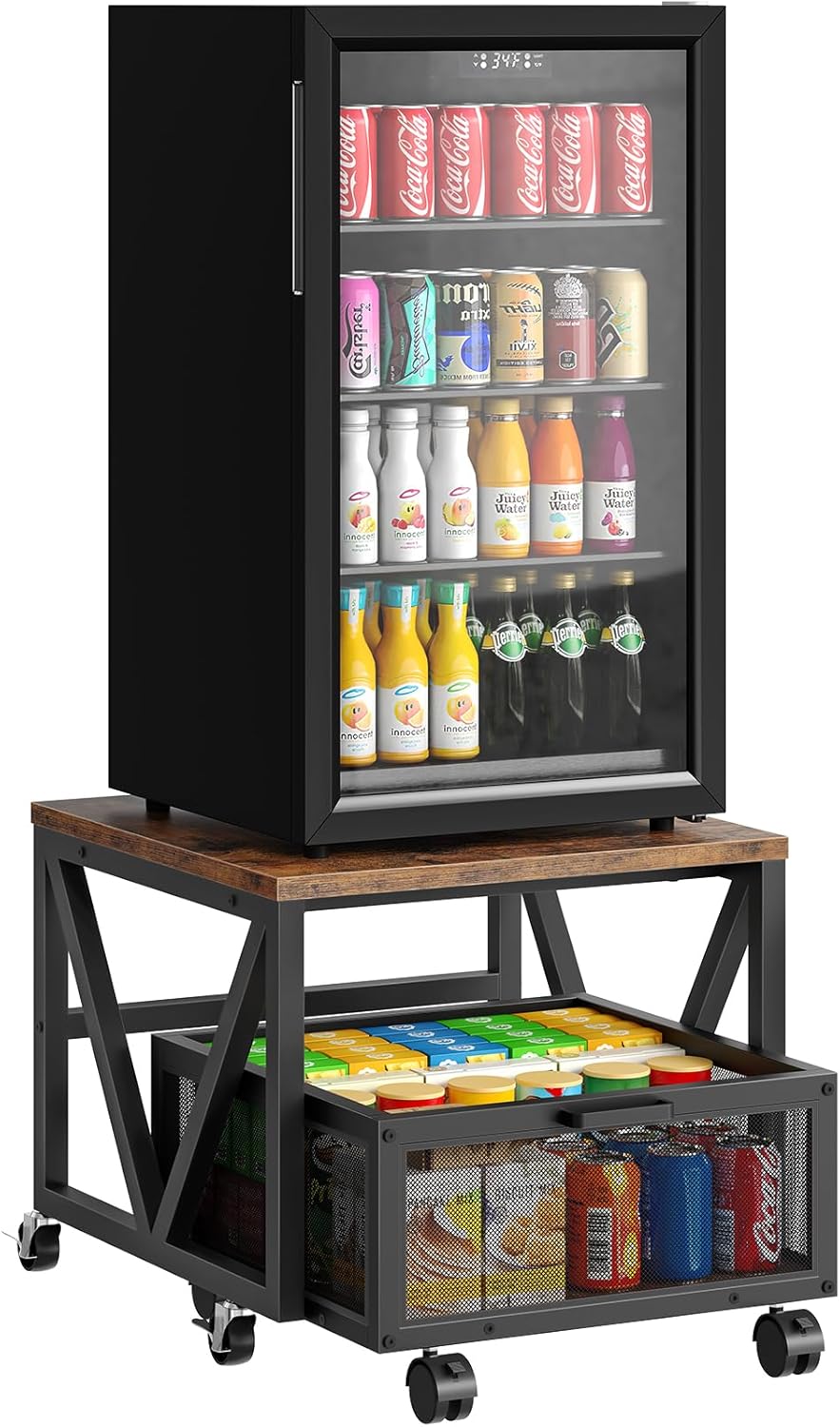 HOOBRO Mini Fridge Stand with Movable Storage Basket and Wheels, Mini Fridge Cabinet with Wheels, Sturdy Metal Frame, for Home, Office, Dorm, Rustic Brown and Black BF255TL01