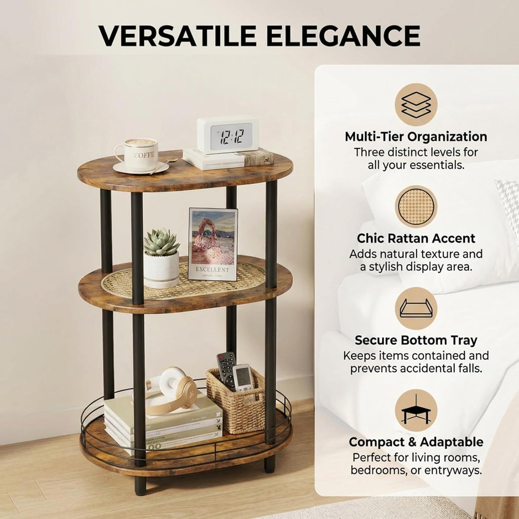 Small Rattan Side Table with Storage, 3 Tier Round/Oval End Table with Rattan Shelf, Boho Nightstand, Tool Free Assembly/Screw-Hole Free Tabletop-Living Room Bedroom-Brown