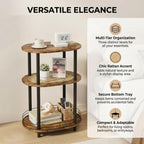 Small Rattan Side Table with Storage, 3 Tier Round/Oval End Table with Rattan Shelf, Boho Nightstand, Tool Free Assembly/Screw-Hole Free Tabletop-Living Room Bedroom-Brown