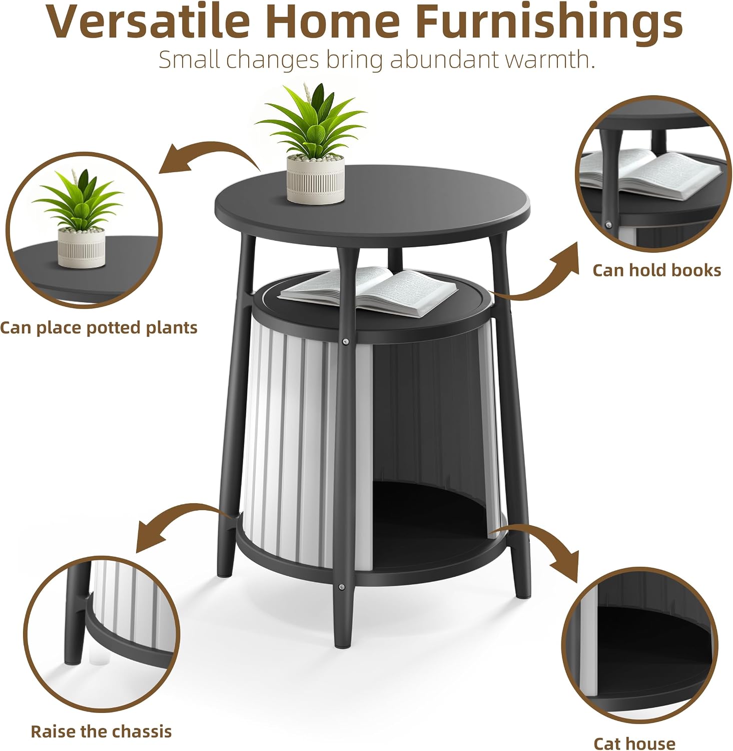 ROJIK End Table with Storage, Round Side Table for Indoor Outdoor Use, All-Weather Resin Accent Table for Small Spaces, Bathroom, Living Room, Bedside Table (Black)