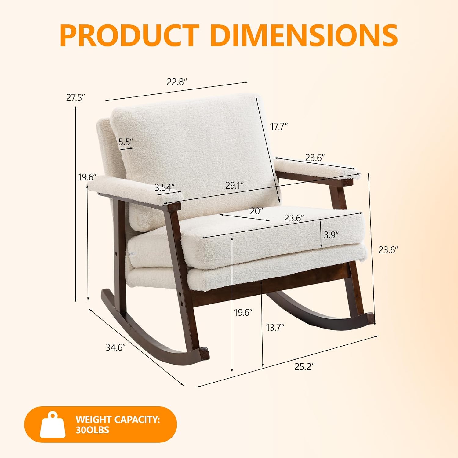 Nursery Rocking Chair with Upholstered Cushion, Wooden Frame Glider Rocker for Nursery, Comfortable Reading Armchair for Living Room, Bedroom & Sunroom (Antique White)