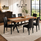 71" Farmhouse Dining Table Set for 6, 7 Piece Rectangular Kitchen Table and Chairs Set, Walnut Wood Grain Dining Room Table with Iron Legs & 6 Black Upholstered Chairs, Easy Assembly