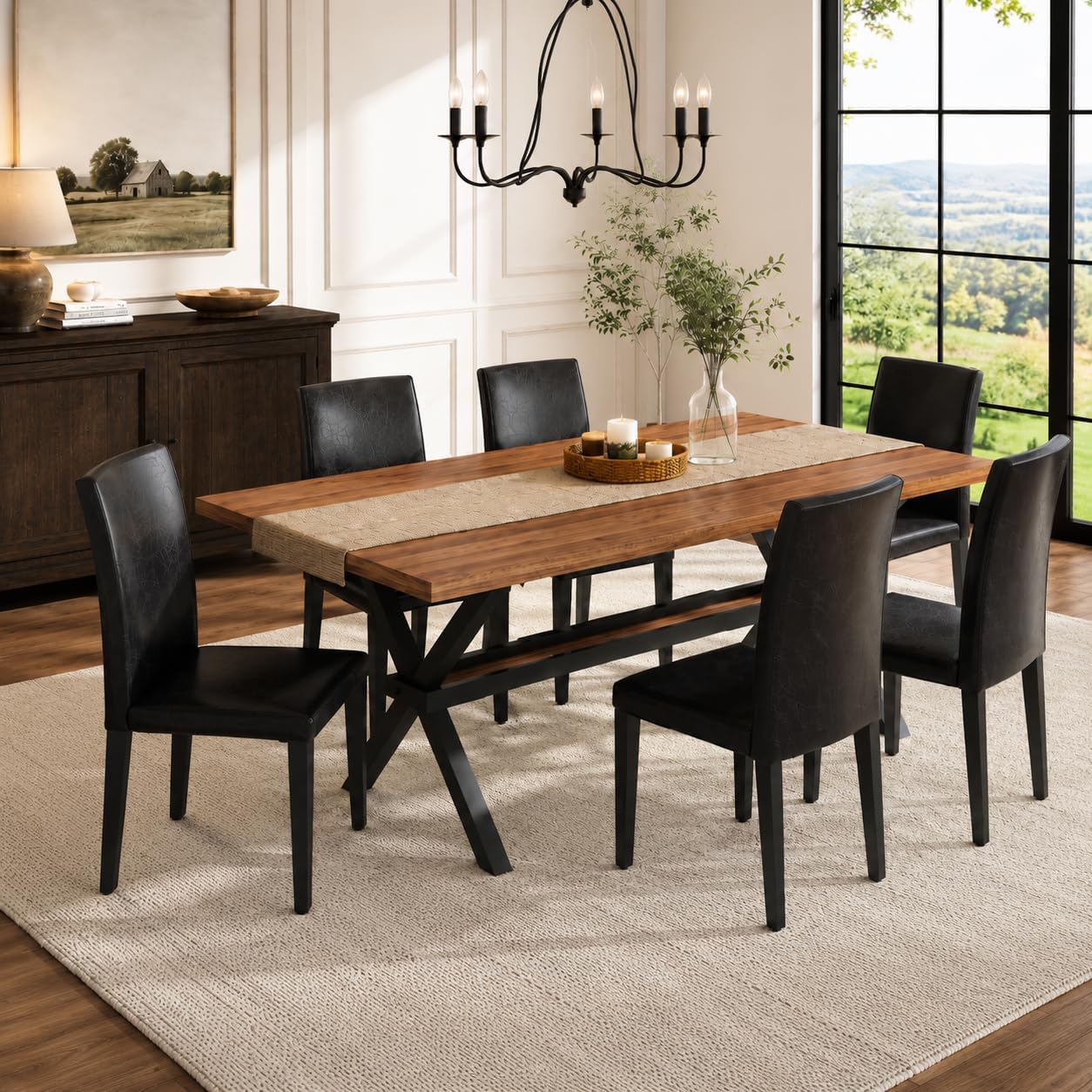 71" Farmhouse Dining Table Set for 6, 7 Piece Rectangular Kitchen Table and Chairs Set, Walnut Wood Grain Dining Room Table with Iron Legs & 6 Black Upholstered Chairs, Easy Assembly