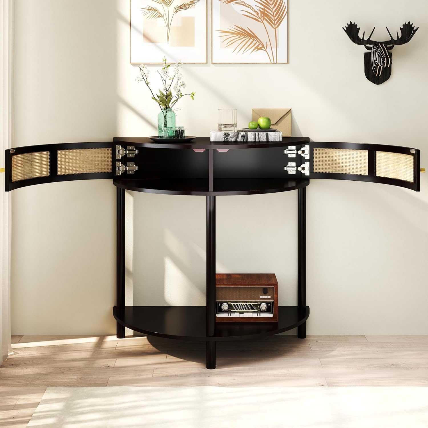 Half Moon Table – 32-Inch Unique Side Table, Half Moon Console Table & Half Round Entryway Table with Drawer, Polished Black Boho Design, Solid Wood+MDF for Living Room, Hallway