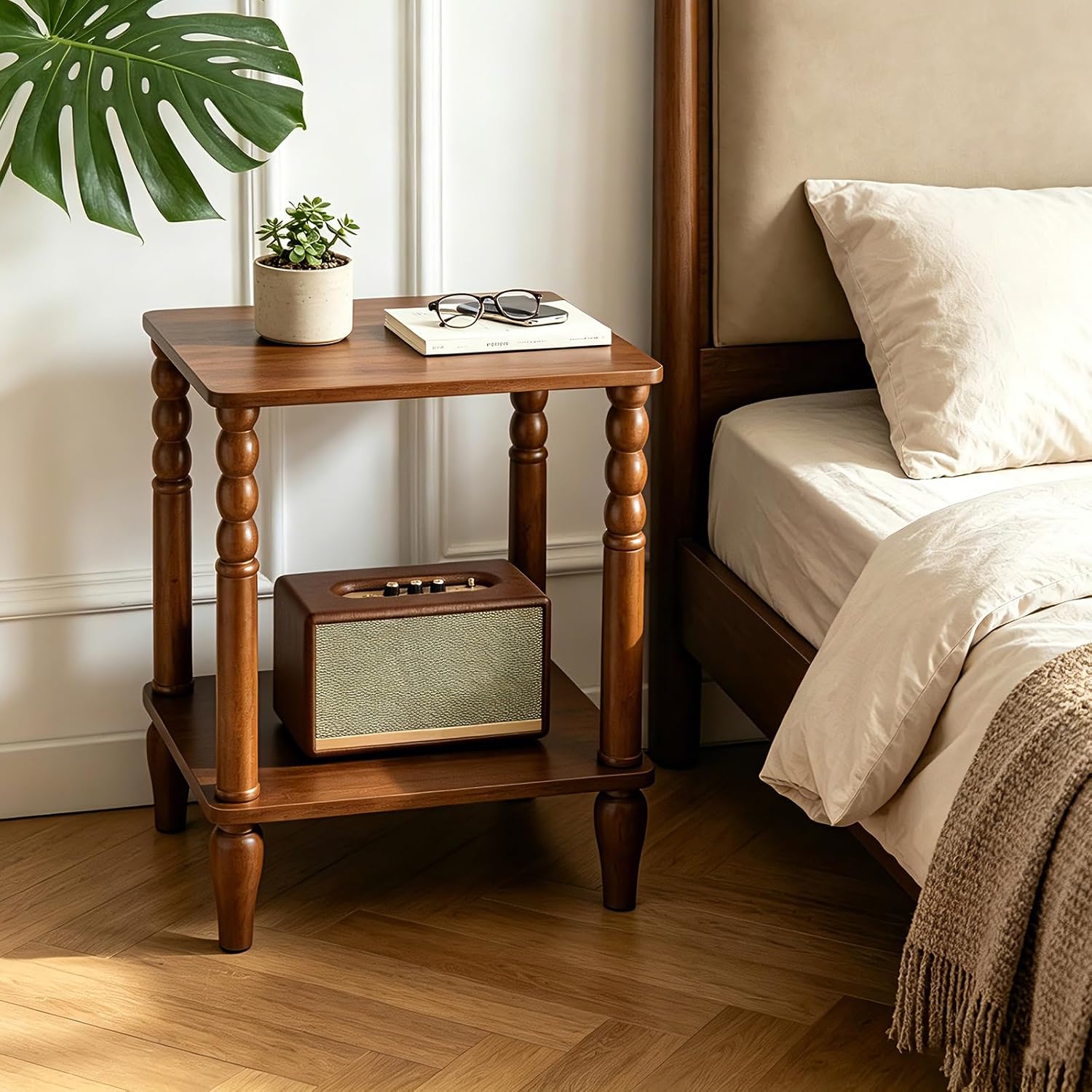 Solid Wood End Table with Storage Shelf, 2-Tier Small Side Table with Vintage Spindle Legs, Narrow Nightstand for Living Room, Bedroom & Small Spaces, Easy Assembly (Brown)