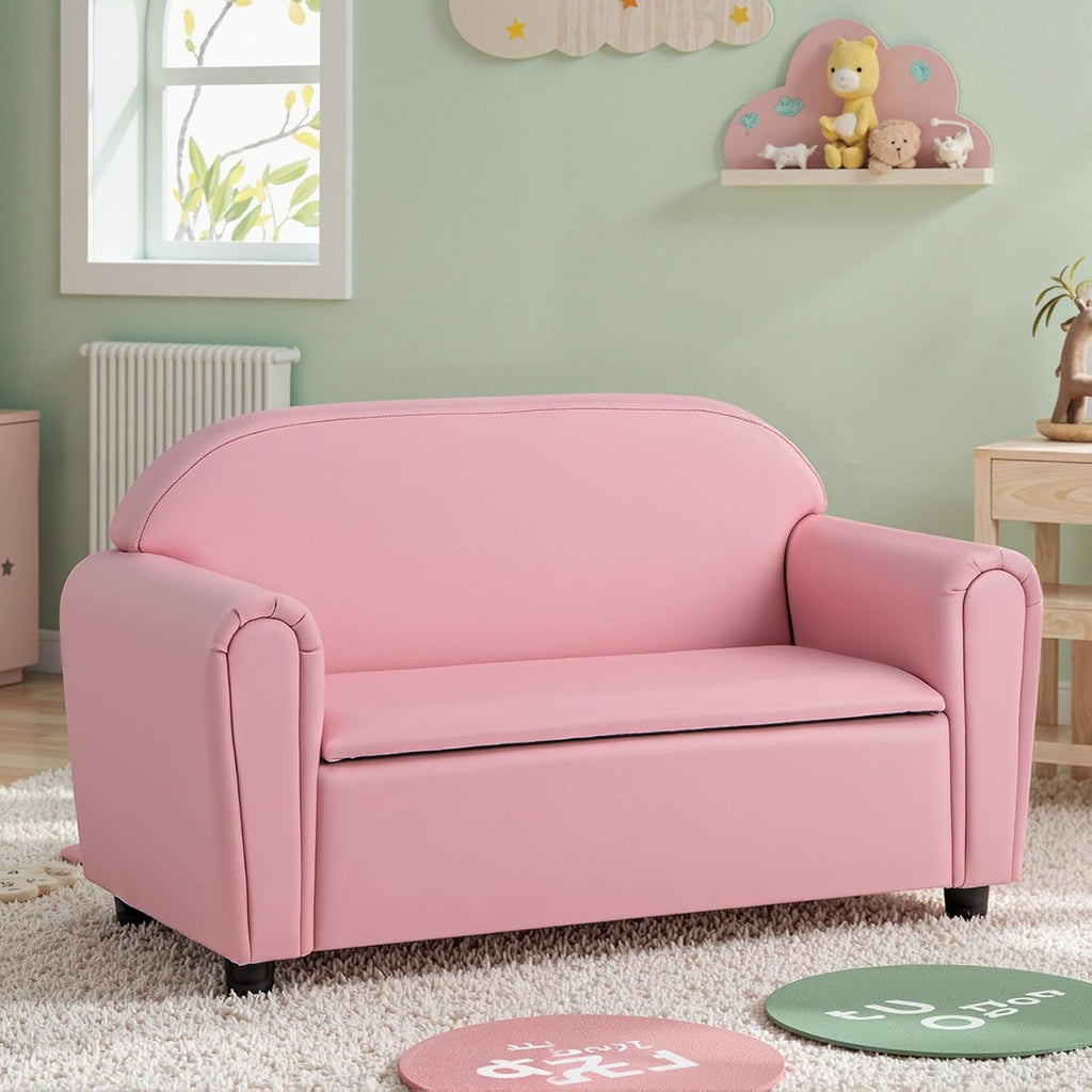 HONEY JOY Kids Sofa, 2 Seats Couch Armrest Chair, Toddler Lounge Bed with Wood Frame, Storage Box, Children Sized Sofa for Living Room, Bedroom (Pink)