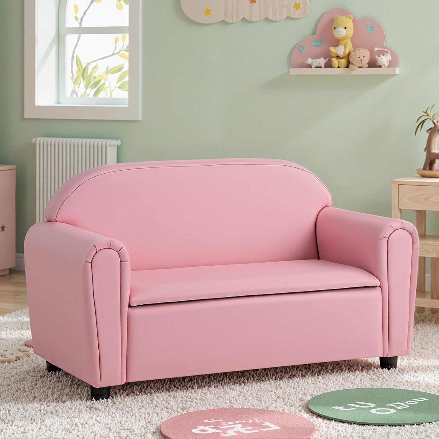 HONEY JOY Kids Sofa, 2 Seats Couch Armrest Chair, Toddler Lounge Bed with Wood Frame, Storage Box, Children Sized Sofa for Living Room, Bedroom (Pink)