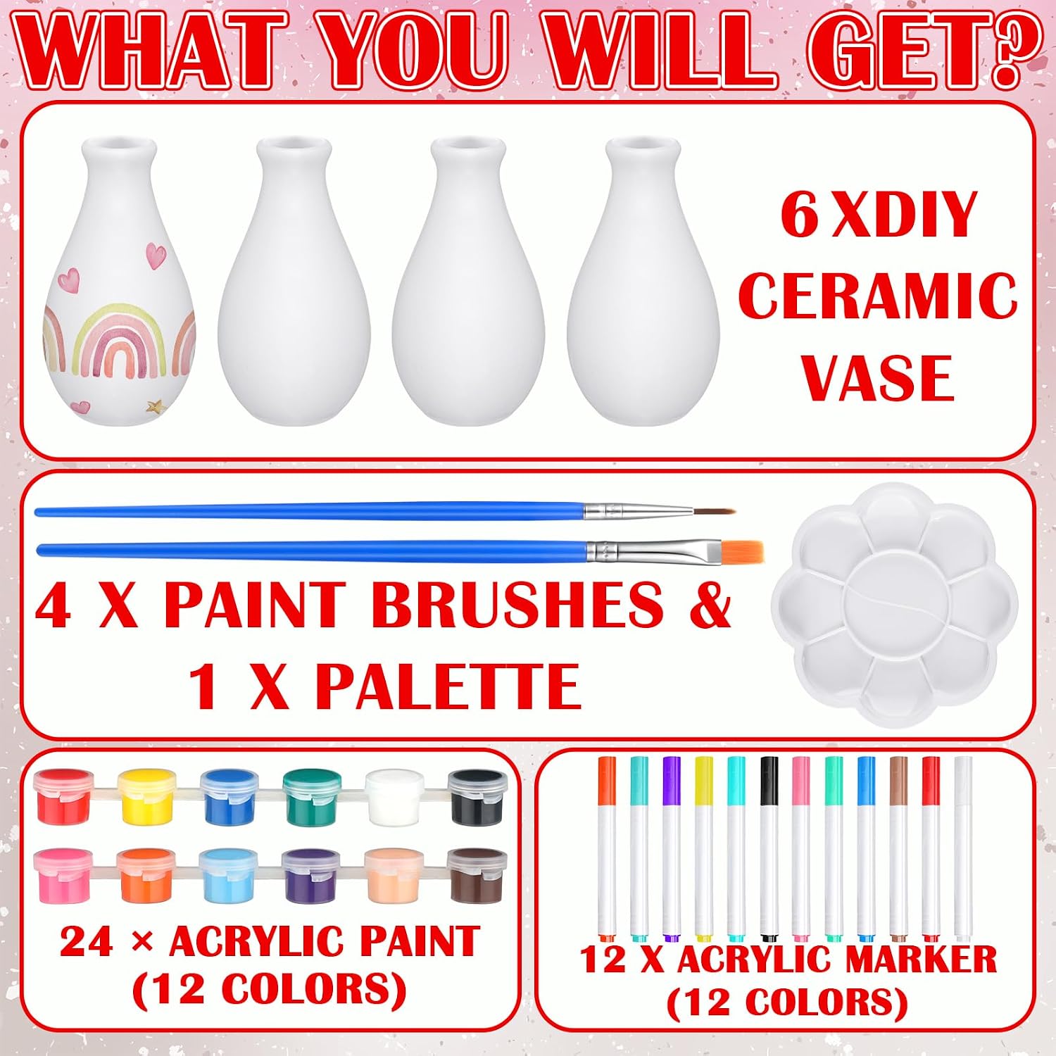 6 Set Ceramics to Paint Vase DIY Your Own Ceramic Vase Painting Decorating Kit for Christmas Holiday DIY Craft to Paint Unpainted Plaster Paintable Kit Art Craft Supply(Delicate)