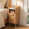 26.4" Tall Narrow Nightstand, 9.8" Wide Fluted End Table with 2 Drawer & Open Shelf, Wood Night Stand w/Rounded Corner, Slim Side Table for Bedroom/Entryway/Living Room, Natural