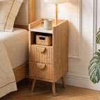 26.4" Tall Narrow Nightstand, 9.8" Wide Fluted End Table with 2 Drawer & Open Shelf, Wood Night Stand w/Rounded Corner, Slim Side Table for Bedroom/Entryway/Living Room, Natural