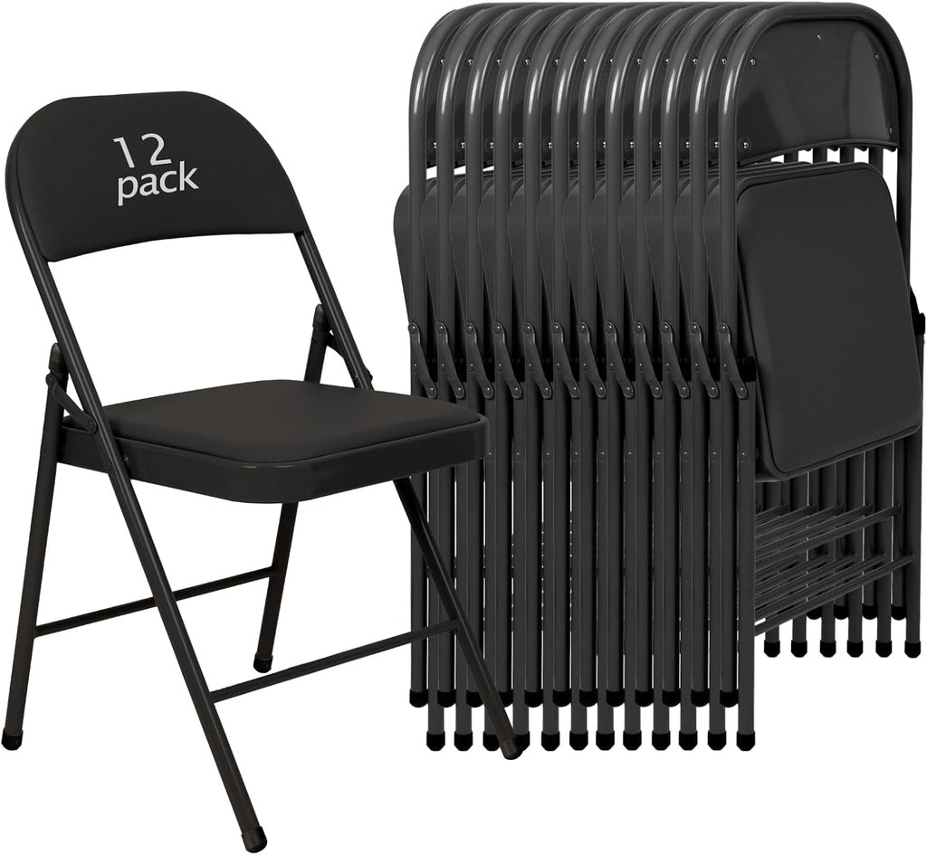 12 Pack Padded Folding Chairs, Heavy Duty Metal Frame with PU Leather Seat & Back, 350 lbs Capacity Portable Stackable Indoor Outdoor Chairs for Party Wedding Office(Black, 12 Pack)