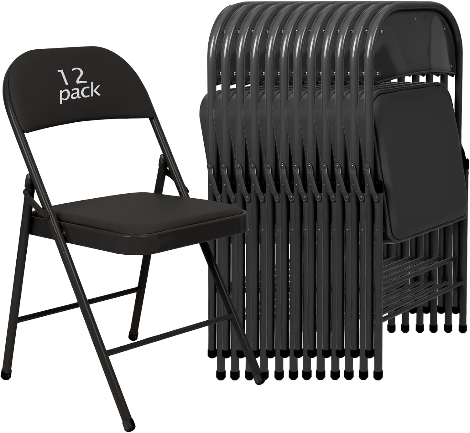12 Pack Padded Folding Chairs, Heavy Duty Metal Frame with PU Leather Seat & Back, 350 lbs Capacity Portable Stackable Indoor Outdoor Chairs for Party Wedding Office(Black, 12 Pack)