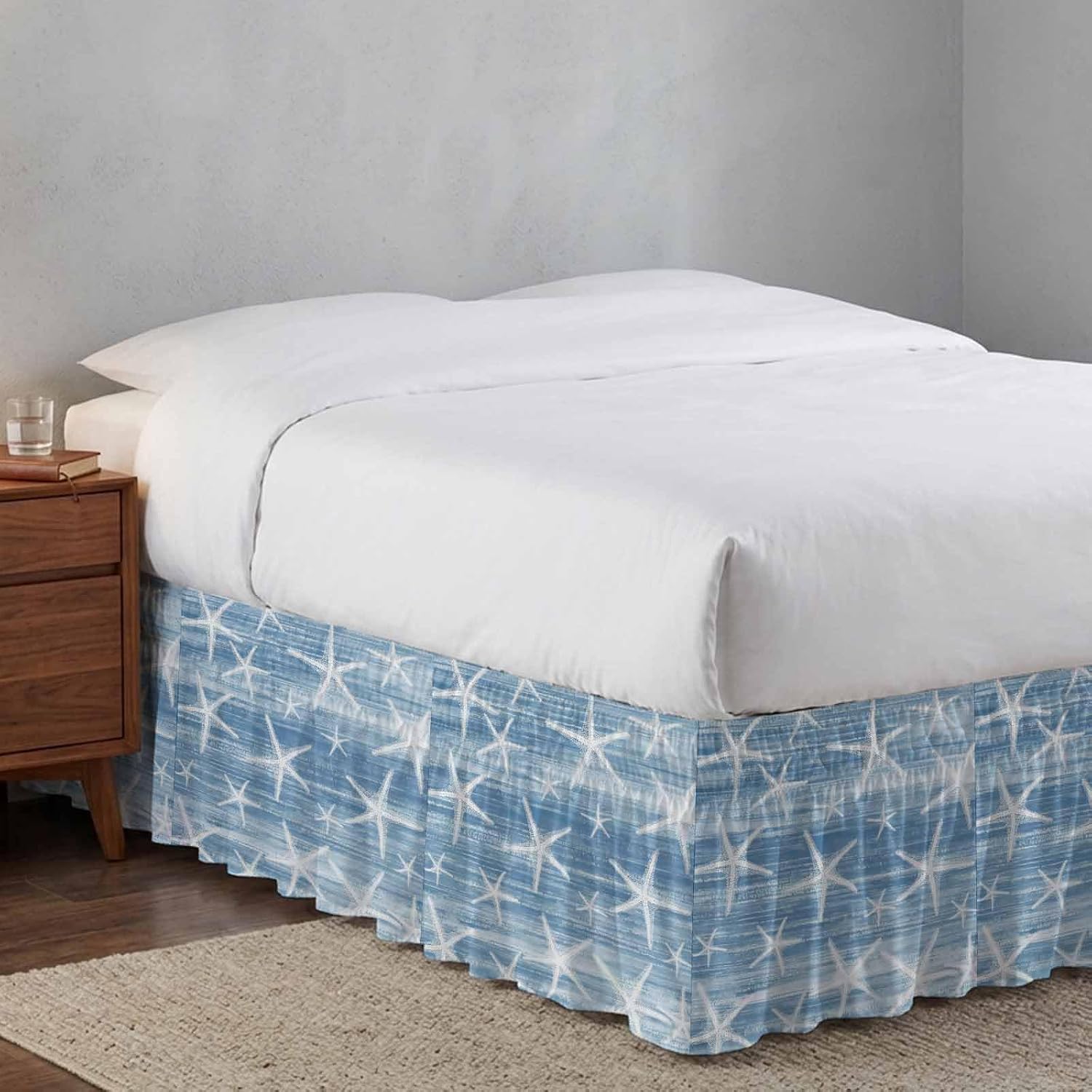 Blue Coastal Starfish Bed Skirt Queen Size 16 Inch Drop, Adjustable Elastic Bedskirt Dust Ruffle for Queen Bed, Nautical Summer Beach Ocean Wrap Around Bed Skirts Luxurious Pleated Bed Frame Cover