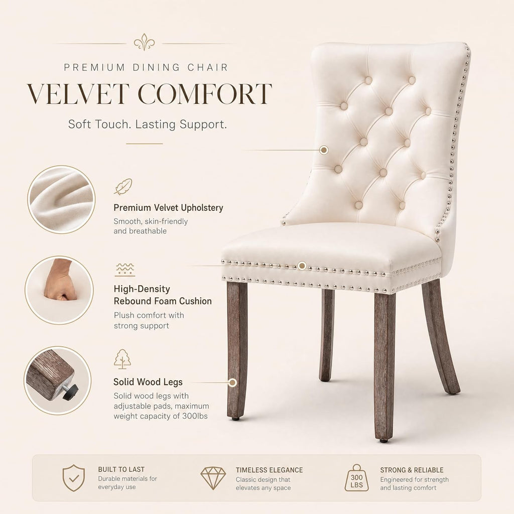 Velvet Dining Chairs Set of 4, Upholstered Dining Room Chairs with Ring Pull Trim and Button Back, Luxury Tufted Dining Chair for Living Room, Bedroom, Kitchen (Beige)