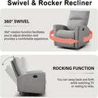 CANMOV Recliner Rocker Swivel Chair, Manual Chenille Glider Rocking Chair, Swivel Glider Recliners with Soft Backrest, 360° Swivel Nursery Reclining Sofa for Living Room Bedroom, Light Grey