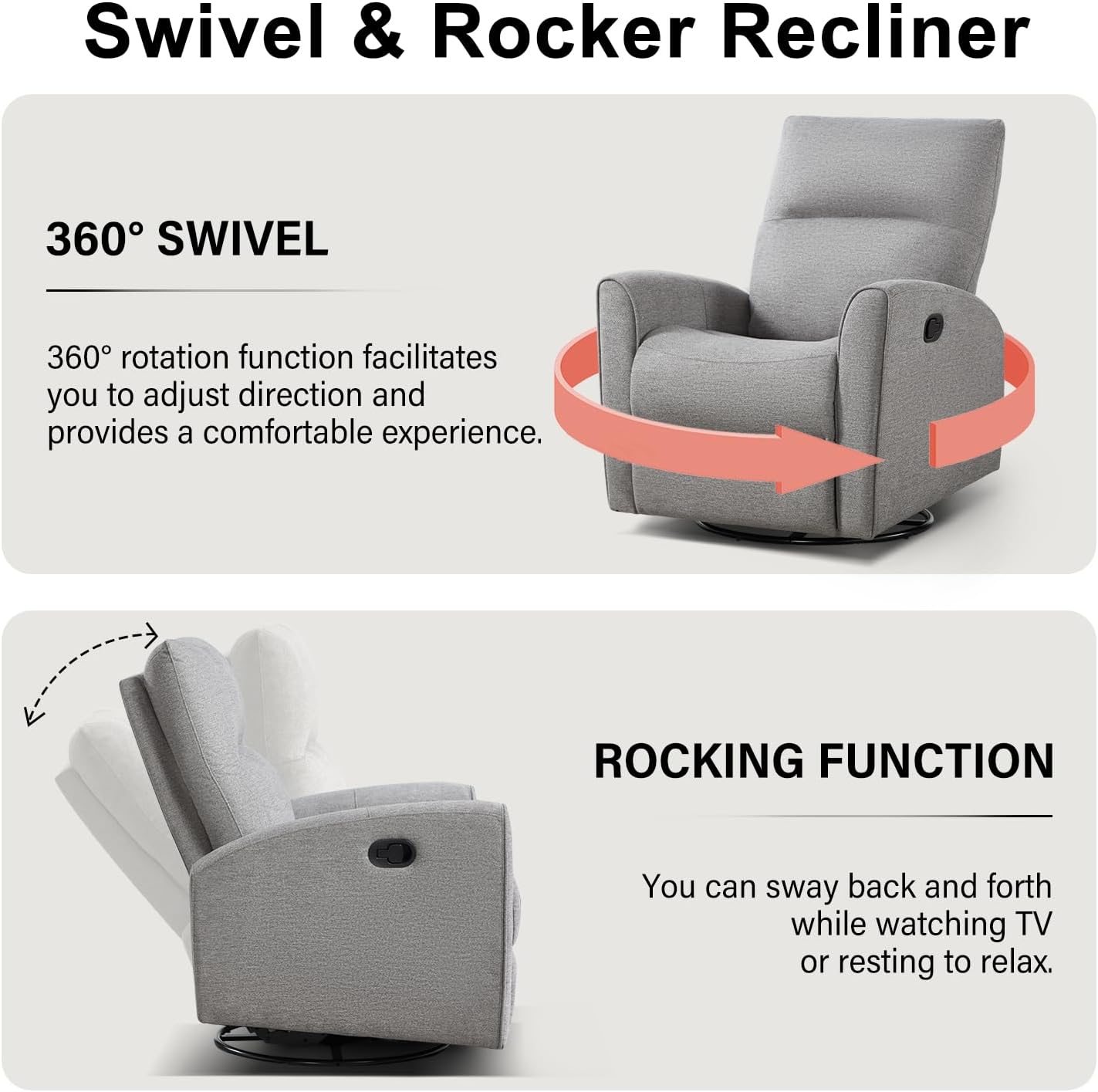 CANMOV Recliner Rocker Swivel Chair, Manual Chenille Glider Rocking Chair, Swivel Glider Recliners with Soft Backrest, 360° Swivel Nursery Reclining Sofa for Living Room Bedroom, Light Grey