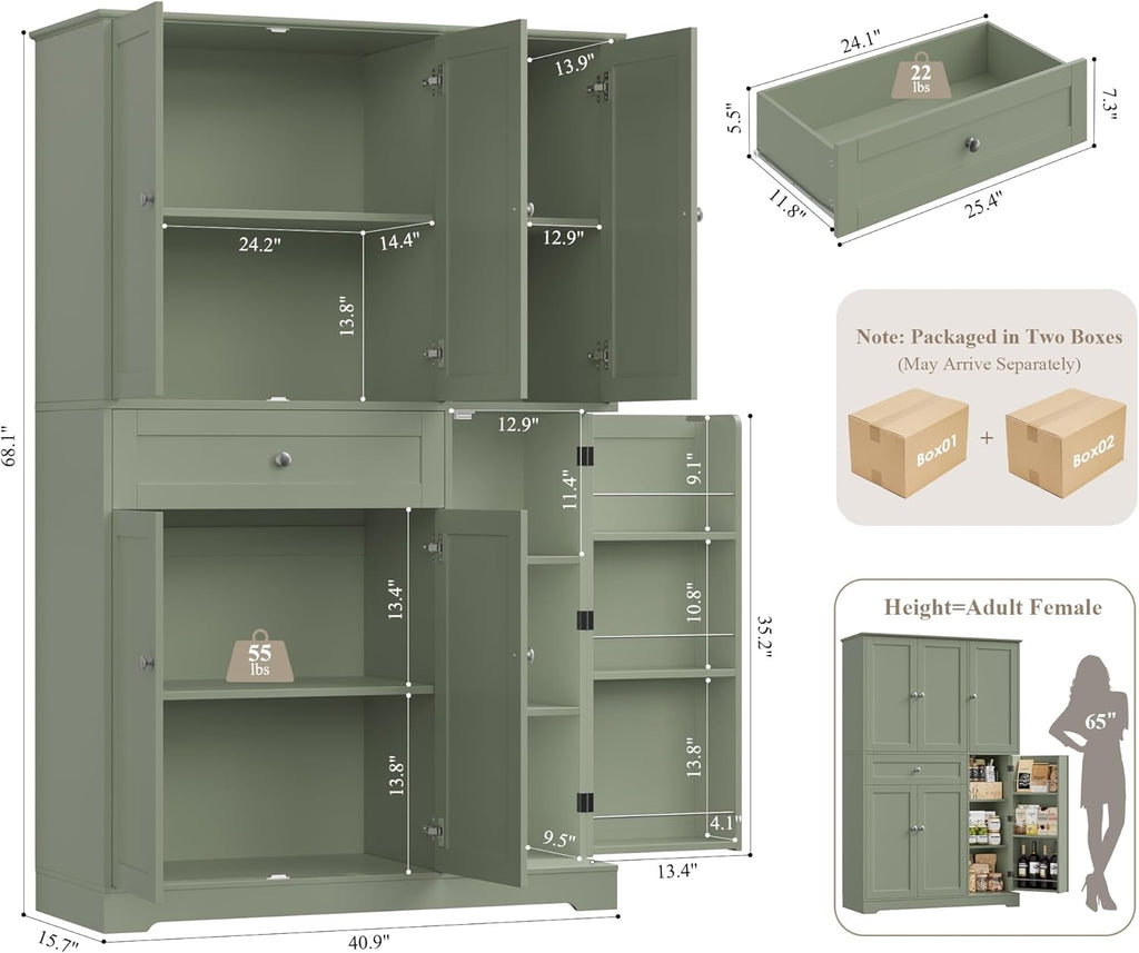 HOSTACK 68" Tall Kitchen Pantry Storage Cabinet, Modern Kitchen Hutch Cabinet with Doors and Shelves, Freestanding Food Pantry with Large Storage Drawer for Dining Room, Living Room, Green