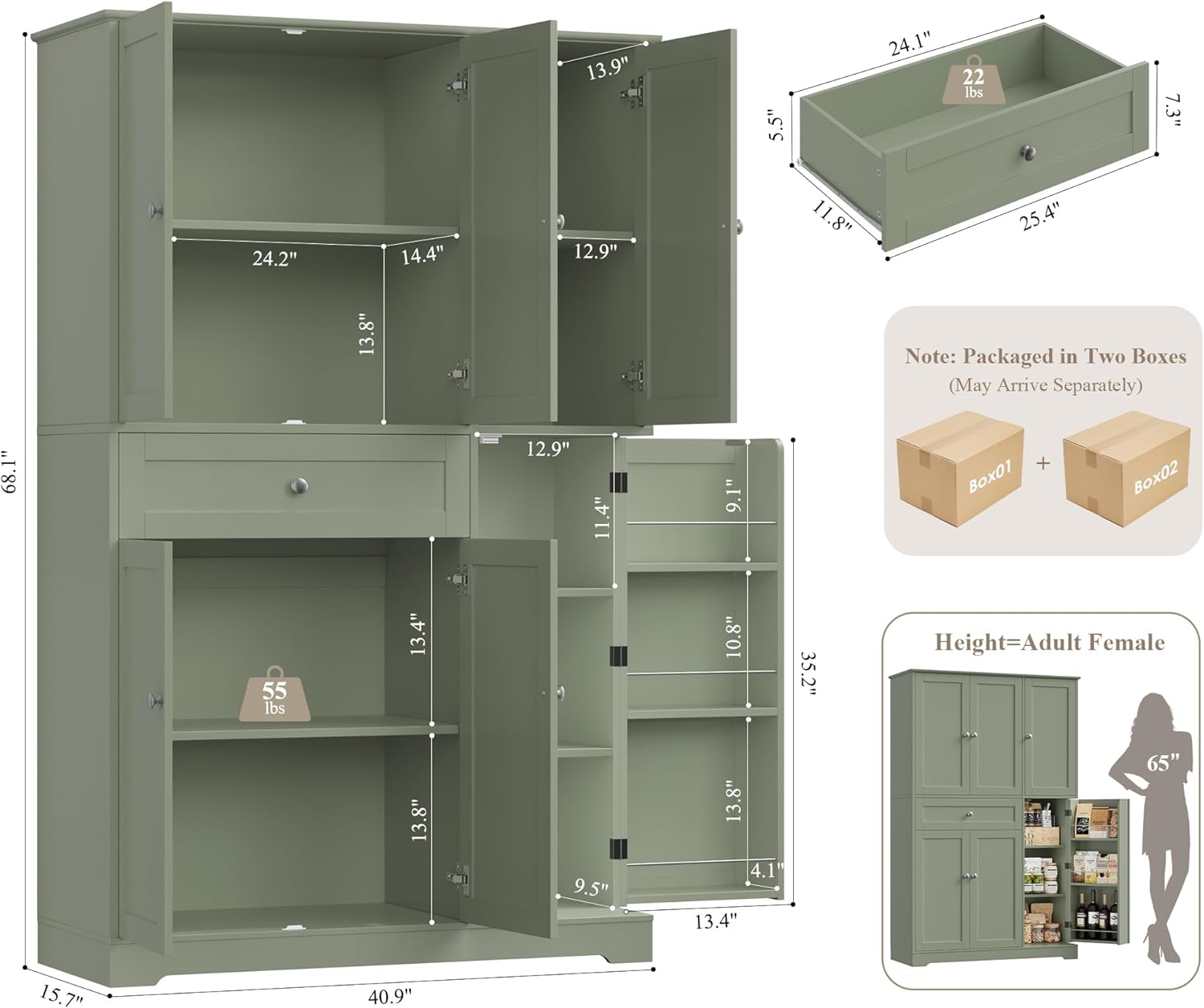 HOSTACK 68" Tall Kitchen Pantry Storage Cabinet, Modern Kitchen Hutch Cabinet with Doors and Shelves, Freestanding Food Pantry with Large Storage Drawer for Dining Room, Living Room, Green