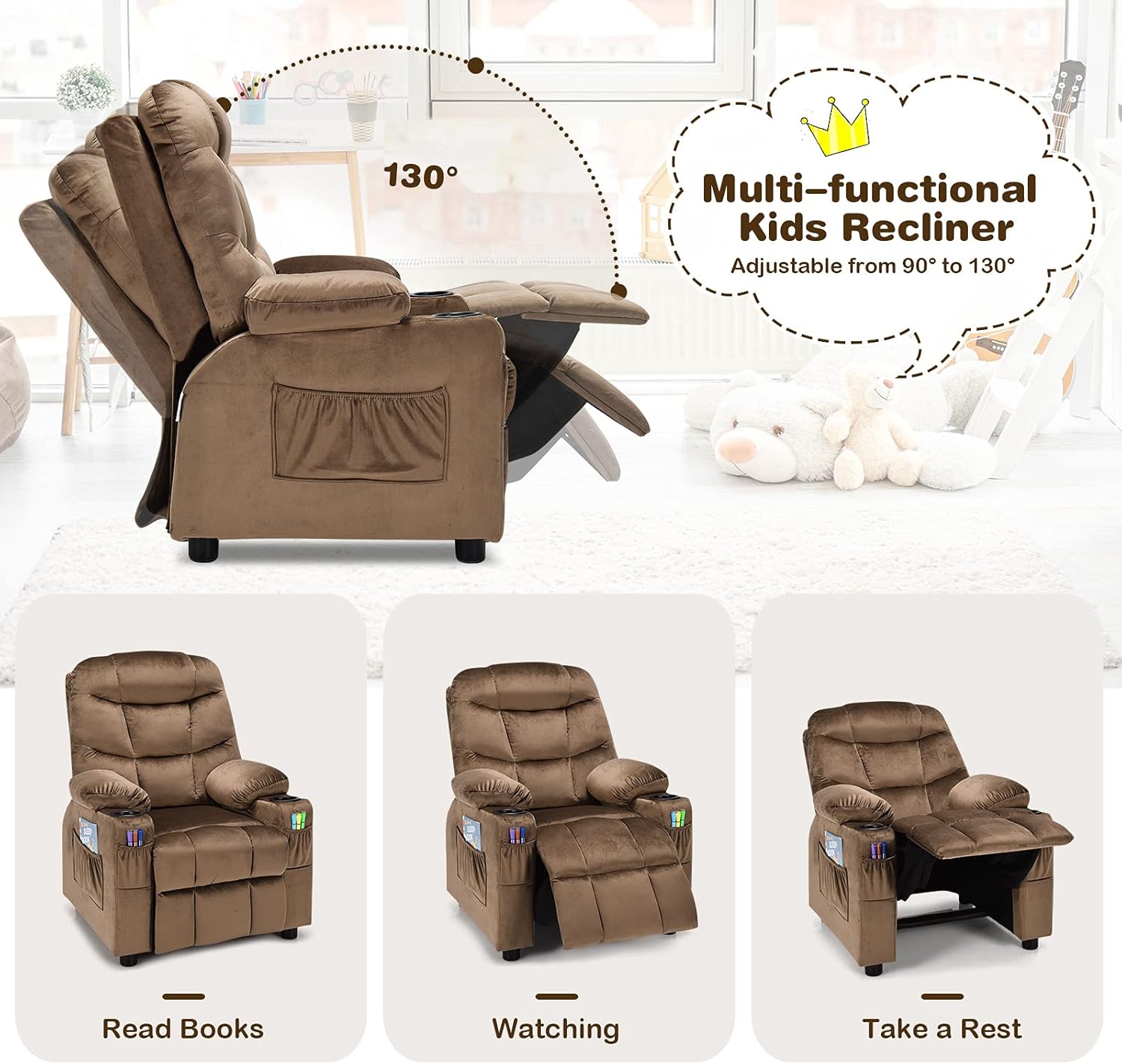 Kids Recliner, Kids Recliner Chair w/ 2 Cup Holders, Velvet Fabric Chairs Comfy w/Adjustable Backrest & 3 Pockets, Toddler Furniture Sofa for Boys Girls Aged 3+