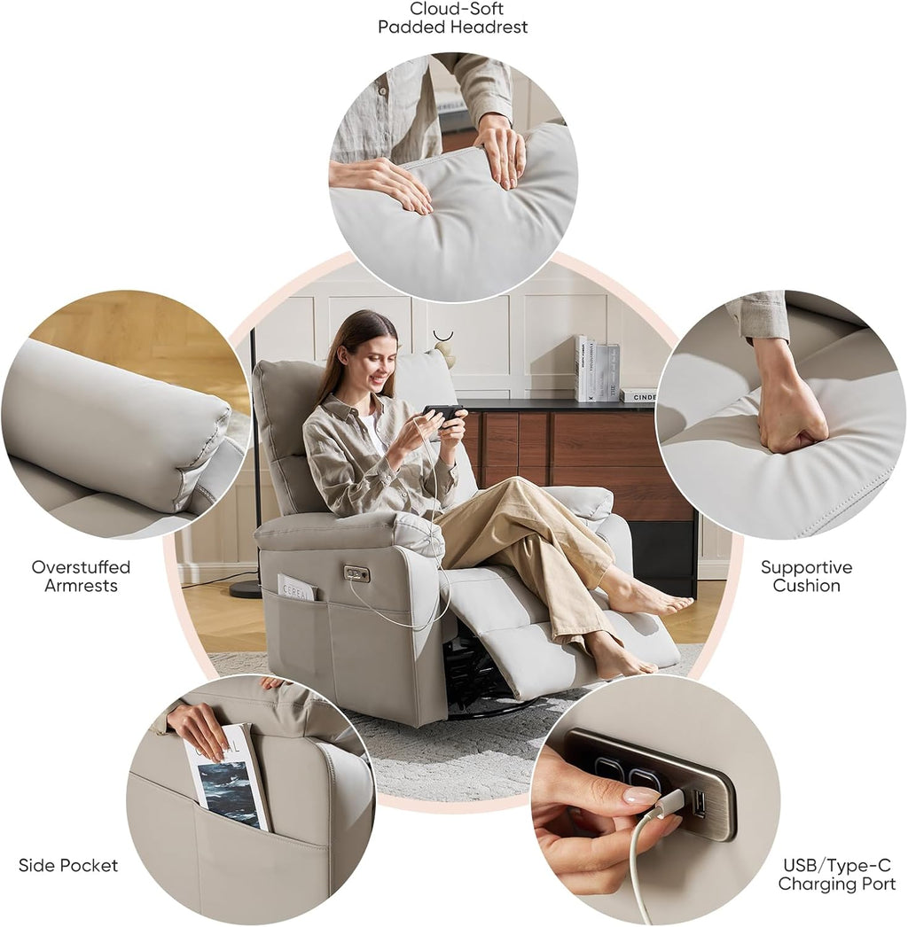 Power Rocking Chair Nursery with Adjustable Lumbar Support,Swivel Rocker Recliner with Overstuffed Armrests, Nursery Glider Recliner for Bedroom & Livingroom, USB & Type-C, Faux Leather Grey