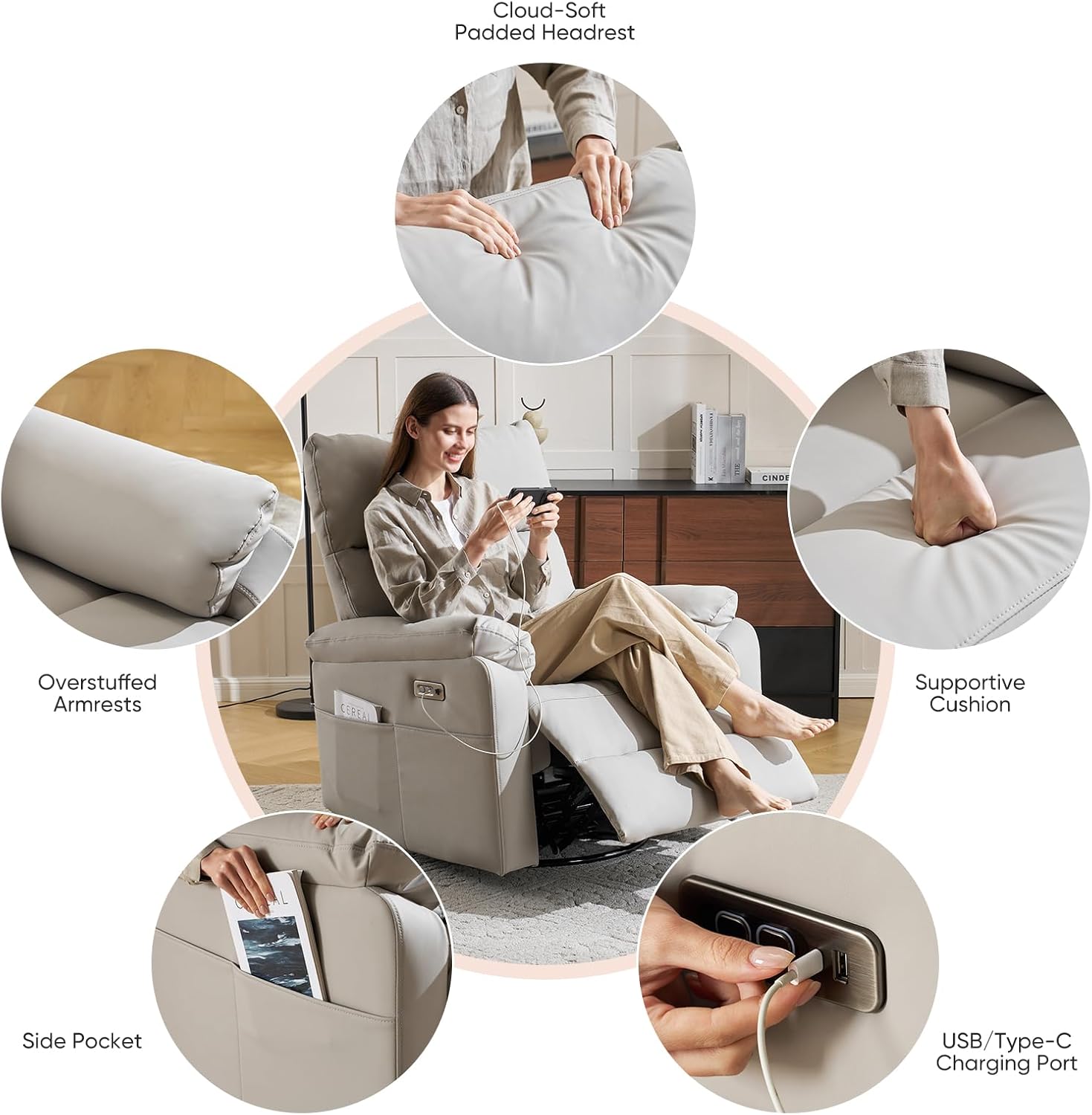 Power Rocking Chair Nursery with Adjustable Lumbar Support,Swivel Rocker Recliner with Overstuffed Armrests, Nursery Glider Recliner for Bedroom & Livingroom, USB & Type-C, Faux Leather Grey