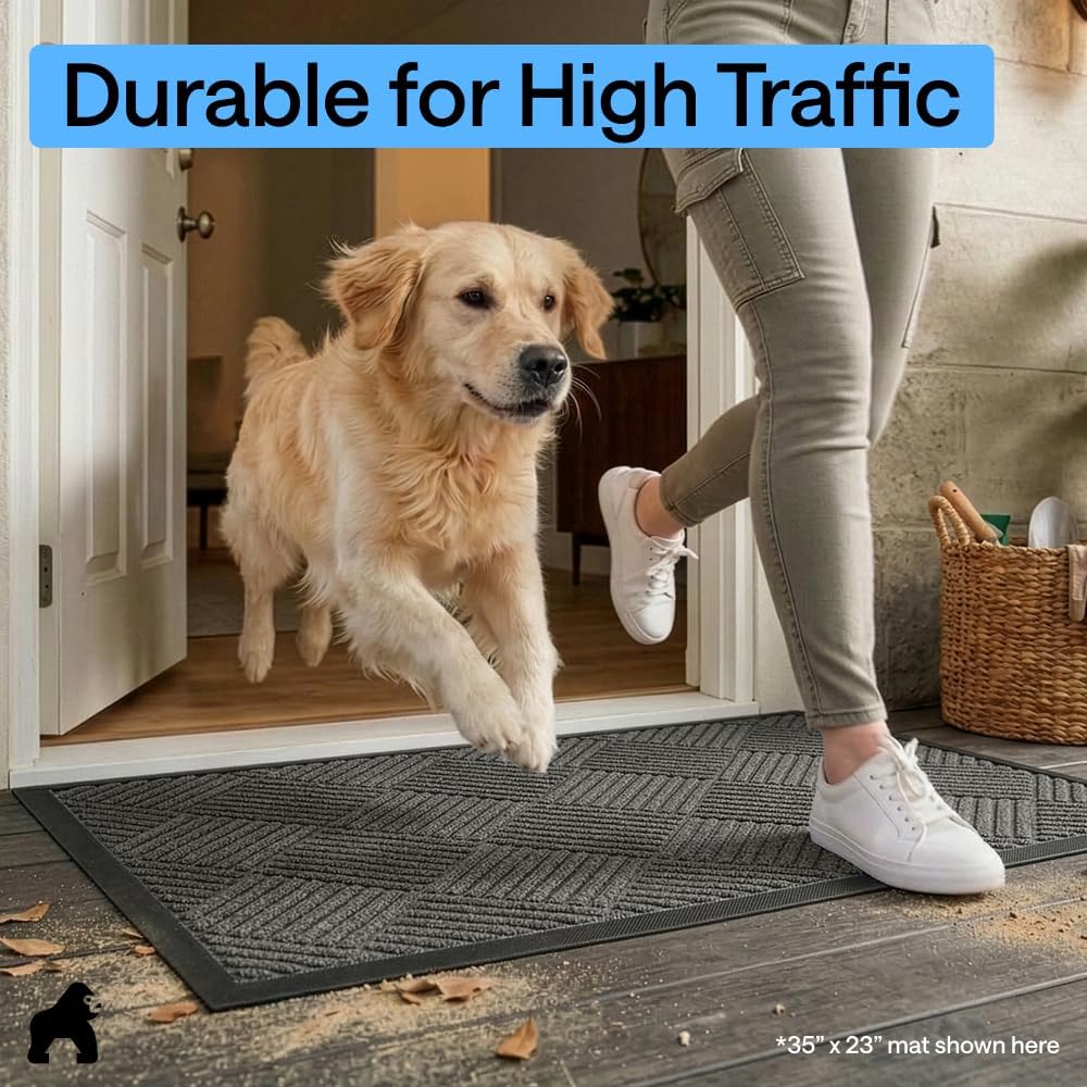 GORILLA GRIP 100% Waterproof All-Season WeatherMAX Doormat US Designed Natural Rubber, Stain Fade Resistant, Low Profile Indoor Outdoor Door Mats, Easy Clean, 29x17 Gray Diamond