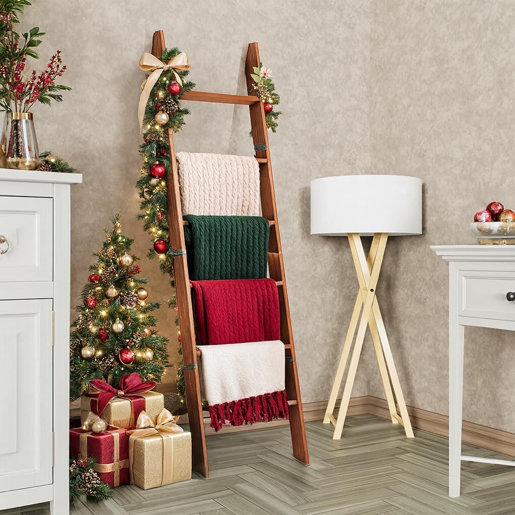 Decorative Foldable Wooden Blanket Ladder, 6-Tier Pine Wood Quilt Ladder 68" — Easy Assembly, Anti-Slip, Farmhouse Decor Rack Stand for Living Room, Bedroom Bathroom (Brown)