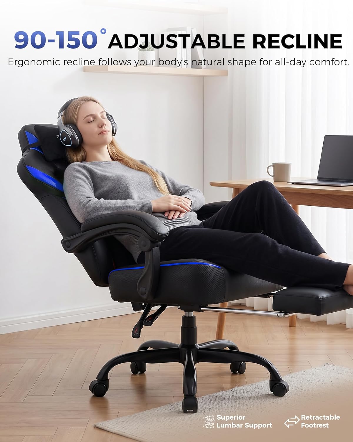GTPLAYER Big and Tall Gaming Chair with Footrest, High Back Ergonomic Office Chair for Adults, Heavy Duty 350 lbs Capacity, Premium Leather & Iridescent Trim, ACE-Armor, Blue