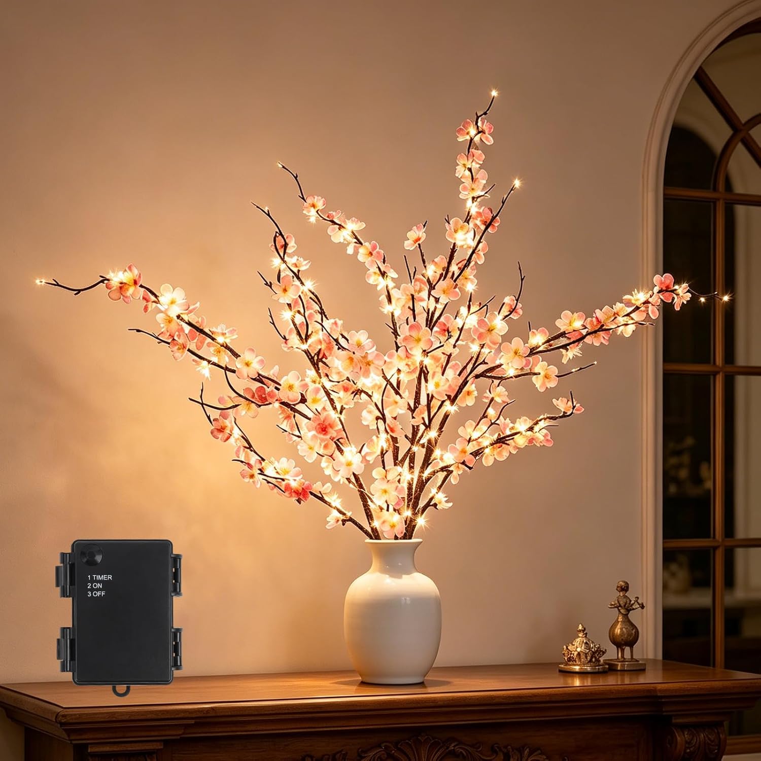 GOESWELL Cherry Blossom Lights for Vases: Fairy Style 4PCS 24in Artificial Cherry Blossom Flowers with 108 LED Lights Operated Lighted Twig Branches for Vases Wedding Party Home Indoor Decor