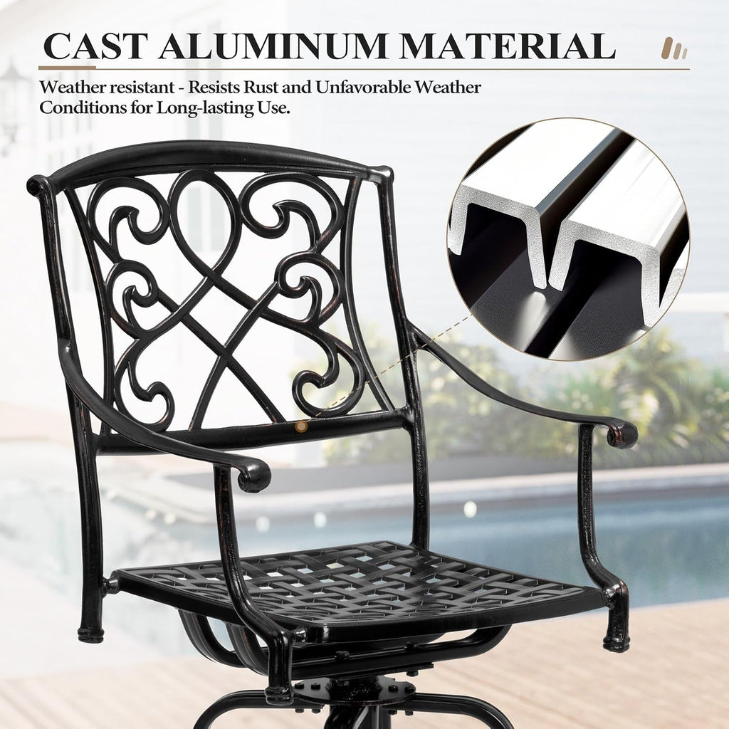 Crestlive Products Outdoor Bar Stools with Sunbrella Cushion Set of 4, 360° Swivel Patio Bar Height Chairs, All Weather Heavy Duty Commercial Grade Furniture, Antique Brown Finish for Outside(Tan)