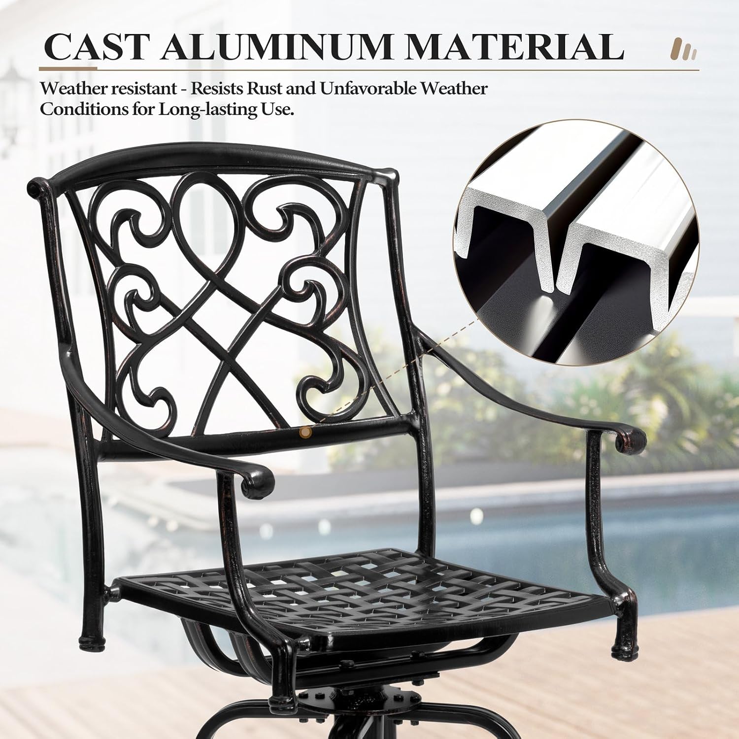 Crestlive Products Outdoor Bar Stools with Sunbrella Cushion Set of 4, 360° Swivel Patio Bar Height Chairs, All Weather Heavy Duty Commercial Grade Furniture, Antique Brown Finish for Outside(Tan)