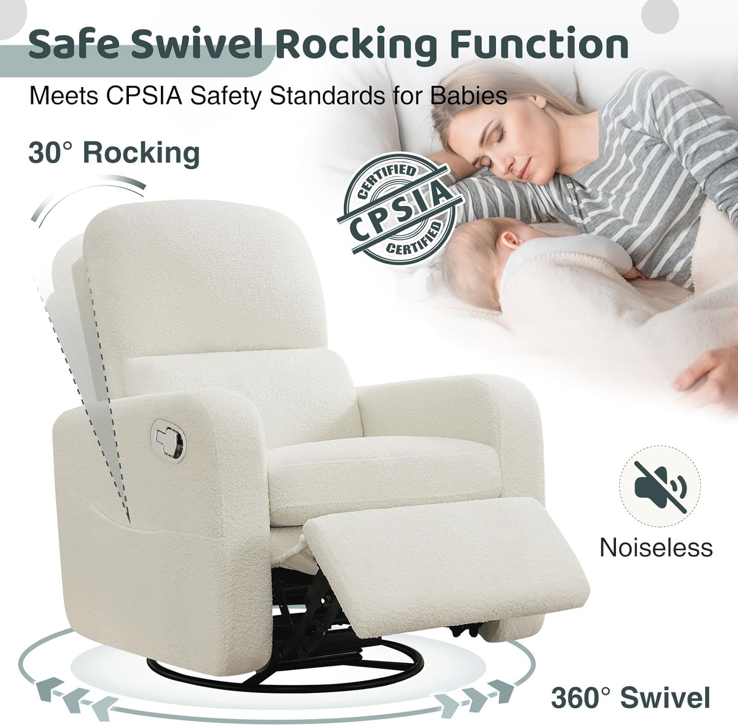 Swivel Rocker Recliner, Oversized Boucle Glider Recliner Nursery, Manual Swivel Rocking Reclining Chairs with Removable Cushion and Lumbar Support for Nursery Living Room Bedroom, Teddy White