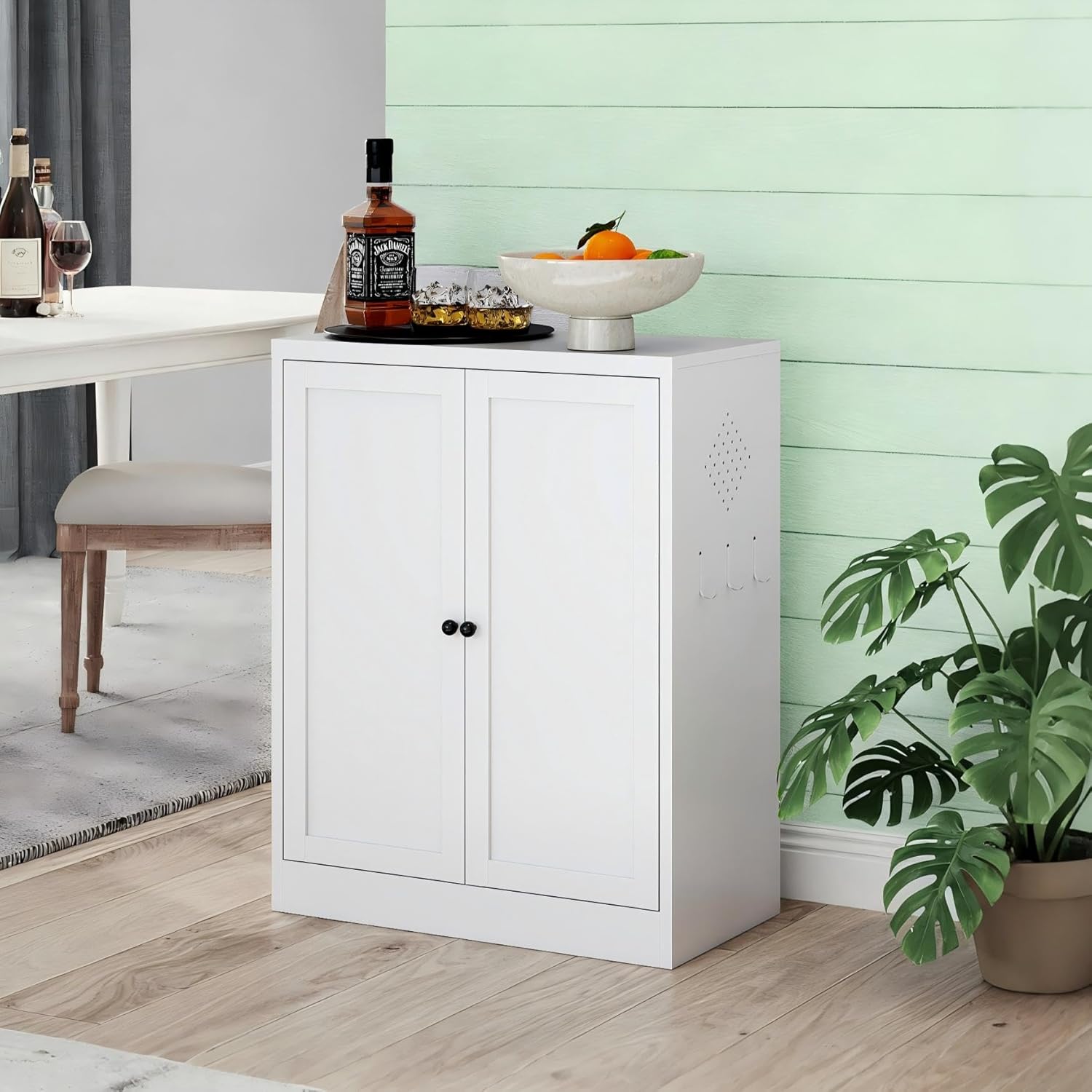 Kitchen Pantry Storage Cabinet, 34" H Storage Cabinet with Doors and Adjustable Shelves, Small Cupboard with Round Handles, Metal Kitchen Cabinet for Dining Room, Living Room, White