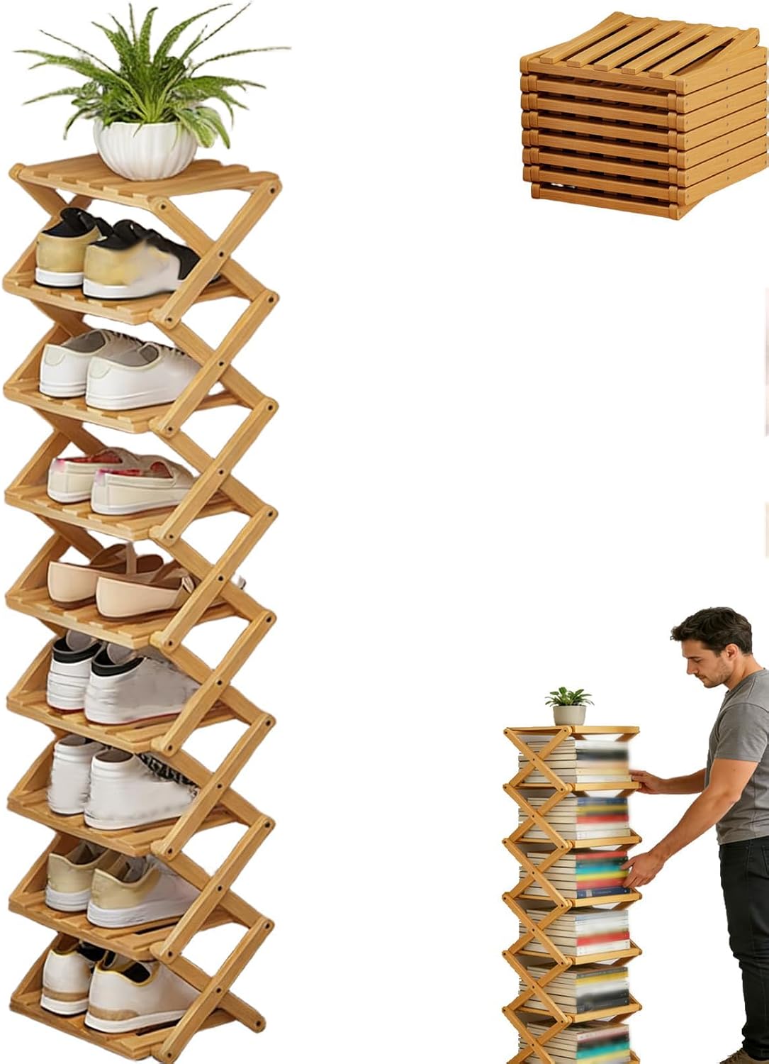 9 Tier Bamboo Shoe Rack, The 9-Tier No-Assembly Bamboo Rack, Foldable Accordion Corner Shoe Shelf, Narrow Standing Closet Shoe Organizer for Shoes, Books, Save Space, Easy to Use (Nature, 9 Tier)