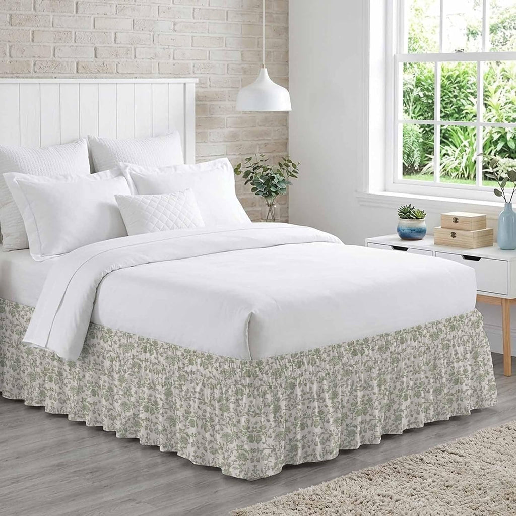 Farmhouse Sage Green Bed Skirt for Queen Size Bed 18" Drop,Dust Ruffle Wrap Around Bedskirt with Elastic Strap,Vintage Flower Leaf Botanical Adjustable Easy Fitting Pleated Bed Frame Cover