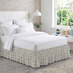 Farmhouse Sage Green Bed Skirt for Queen Size Bed 18" Drop,Dust Ruffle Wrap Around Bedskirt with Elastic Strap,Vintage Flower Leaf Botanical Adjustable Easy Fitting Pleated Bed Frame Cover