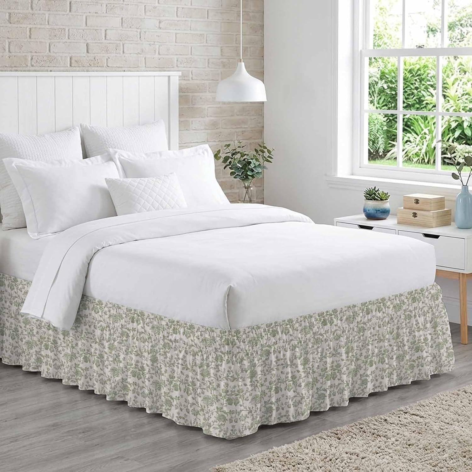 Farmhouse Sage Green Bed Skirt for Queen Size Bed 18" Drop,Dust Ruffle Wrap Around Bedskirt with Elastic Strap,Vintage Flower Leaf Botanical Adjustable Easy Fitting Pleated Bed Frame Cover