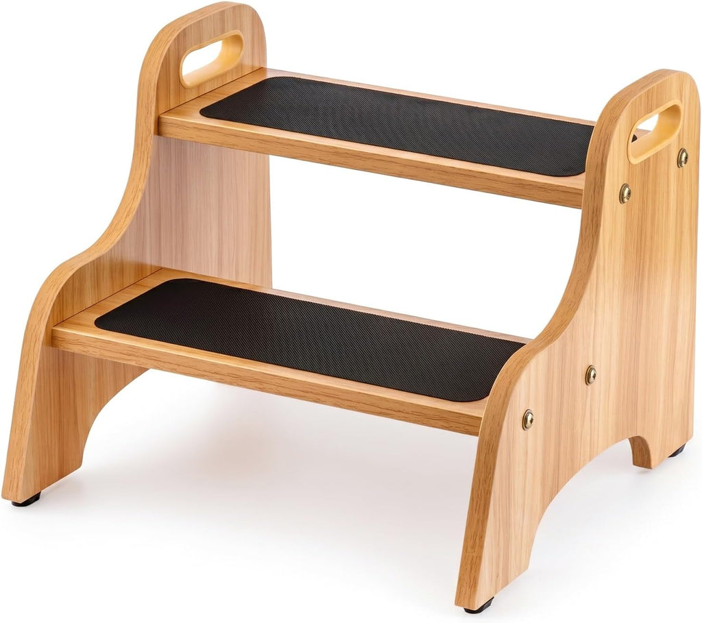 StrongTek Wooden 2-Step Stool for Kids, Non-Slip Surface with Handles, 350 lb Capacity, Toddler Step Stool for Bathroom, Kitchen and Bedroom (Natural)