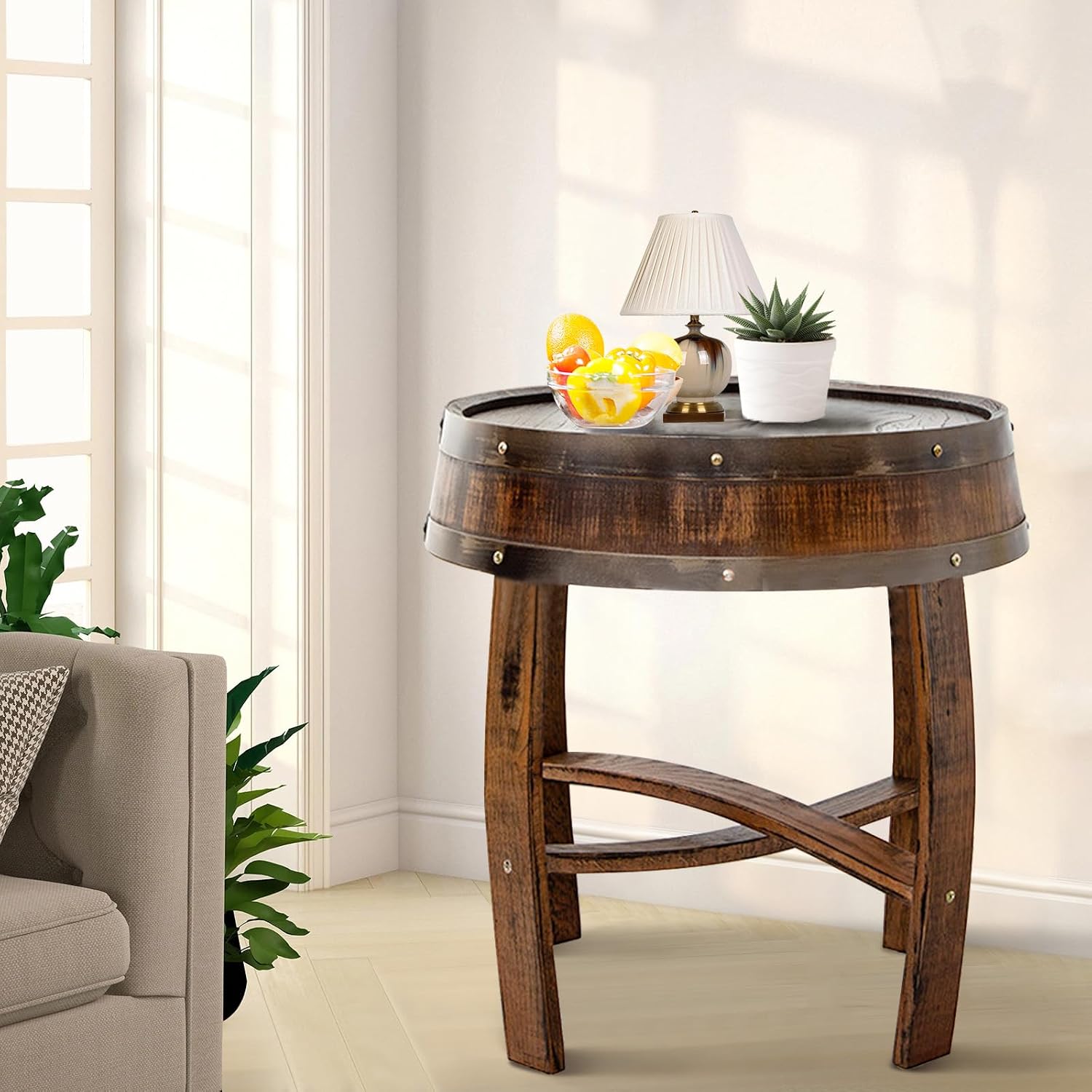 Handcrafted Rustic Whiskey Barrel End Table 23″ Round Solid Wood Accent Coffee & Side Table – Farmhouse Style Nightstand for Living Room Bedroom Patio,N