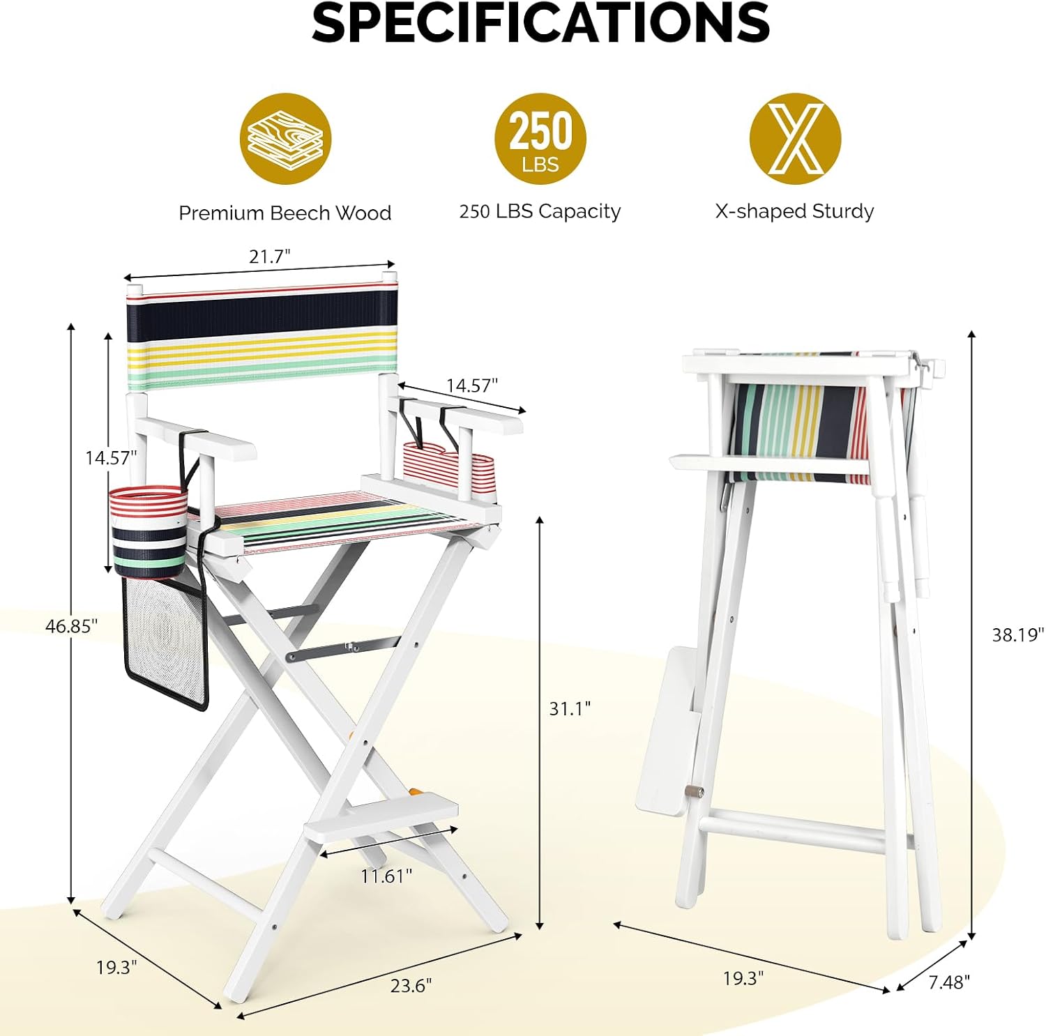OmySalon Director's Chair 31" Height Folding Portable w/Storage Pouch & Footrest, Makeup Artist Chair for Salon, Events, Mobile, 250lb Capacity, White Wood Frame & Striped Canvas Seat