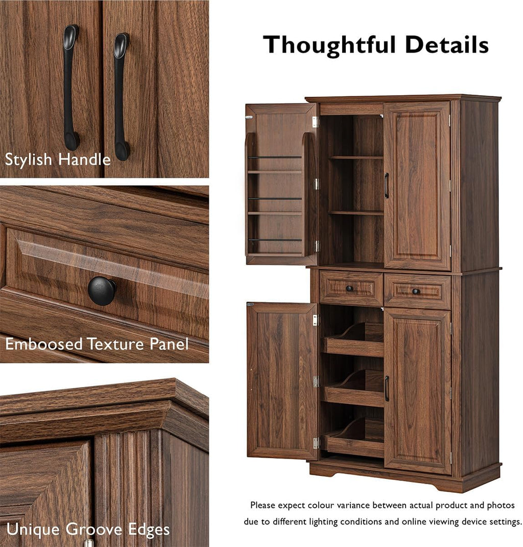 71" Tall Kitchen Pantry Cabinet, Freestanding Cupboard with 3 Pull Out Cabinet Organizers, 6 Door Shelves, 2 Drawers (Brown)