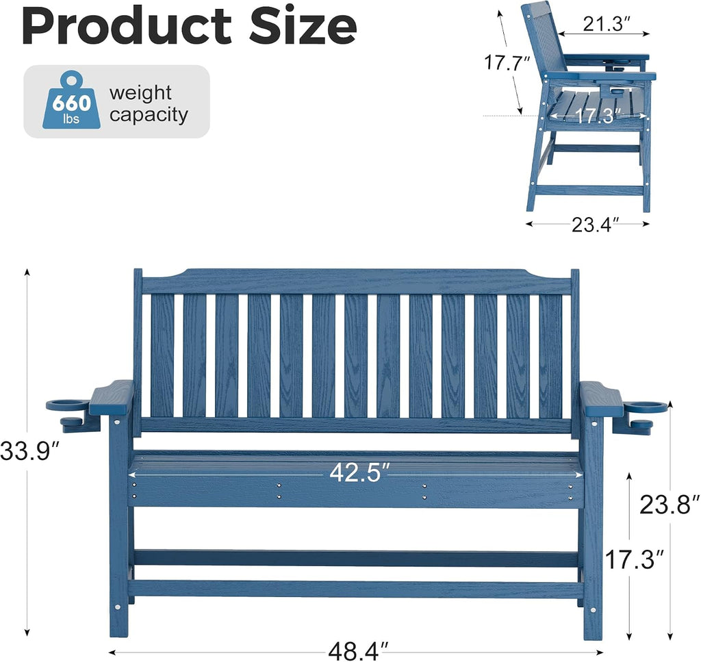 WACASA 48" Outdoor Bench, HDPE Weatherproof Porch Bench, 2-Person Garden Benches with 660 Lbs, Waterproof Patio Benches for Outside Balcony Deck Backyard, Blue