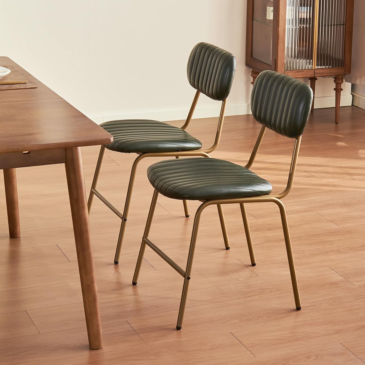 Mid Century Modern Dining Chairs Set of 2, Retro Chair with Faux Leather Upholstered Seat & Vintage Distressing Metal Legs & Leg Protectors for Kitchen Dining Room (Dark Green,Assemble)