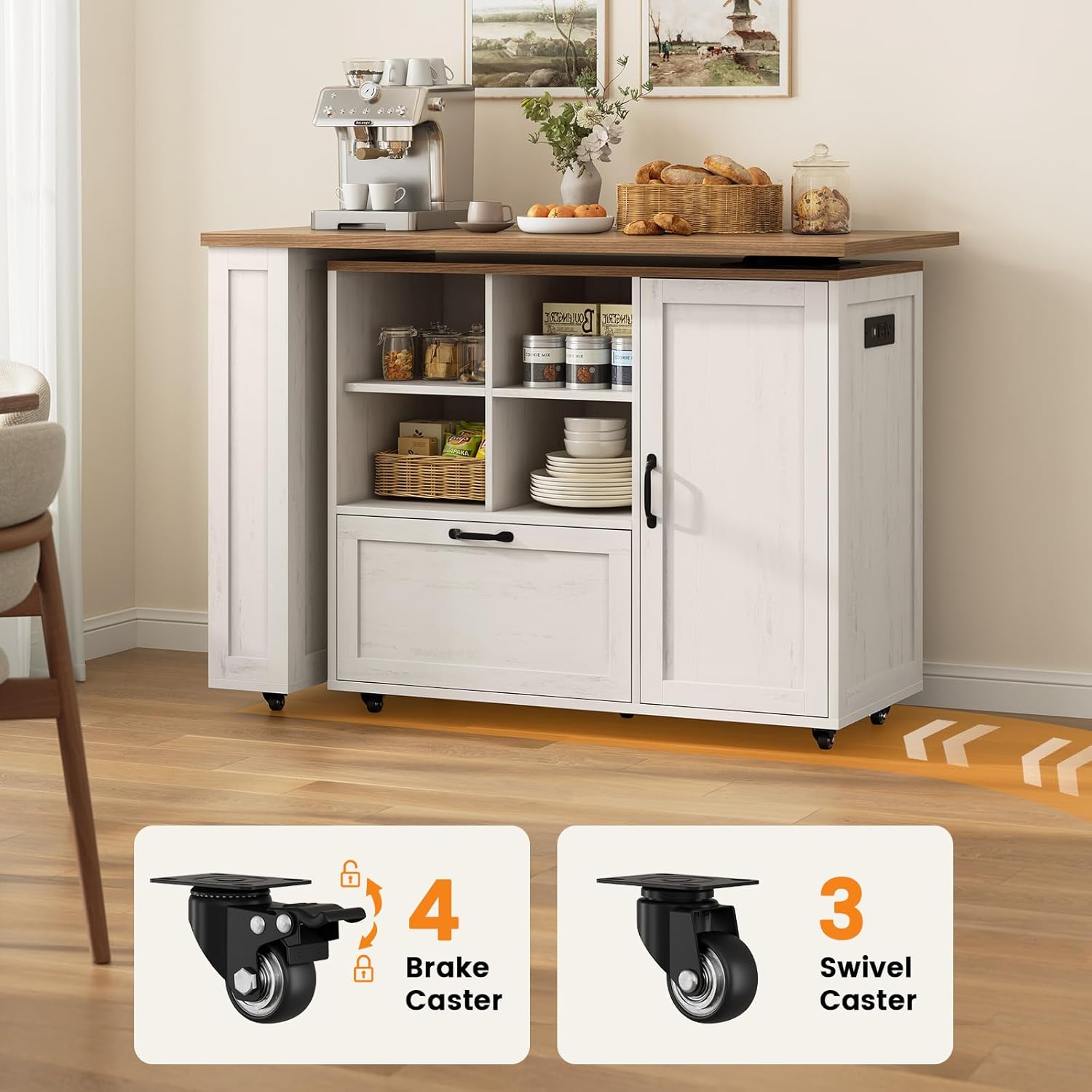 72" Rolling Kitchen Island with 360° Swivel Table & Power Outlet, Farmhouse Mobile Island Table with Storage Cabinet on Wheels, Wood Island Cart with Spice Rack for Kitchen,Dining Room,White