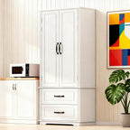 71" Tall Farmhouse Pantry Cabinet, Wood Storage Cabinet with 2 Doors, 2 Drawers and 3 Adjustable Shelves, Freestanding Cupboard for Kitchen, Living Room, Dining Room and Home, Office, White